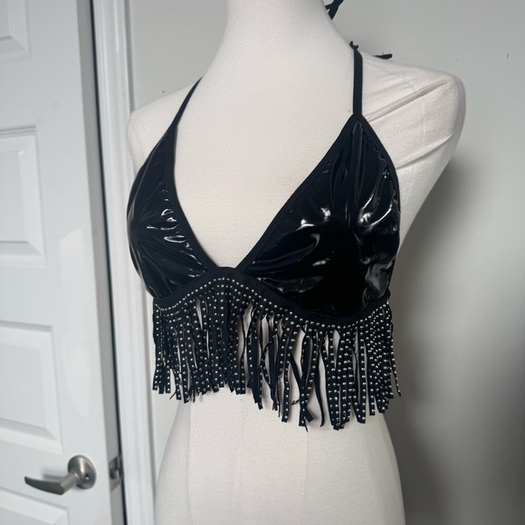 Black faux latex Fringe Halter Top festival whimsigoth punk XL - Picture 3 of 5